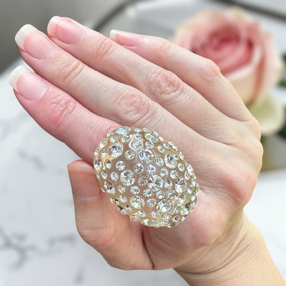 Clear Lucite Dome Ring Rhinestone Crystal Chunky Statement Vintage Size 7
